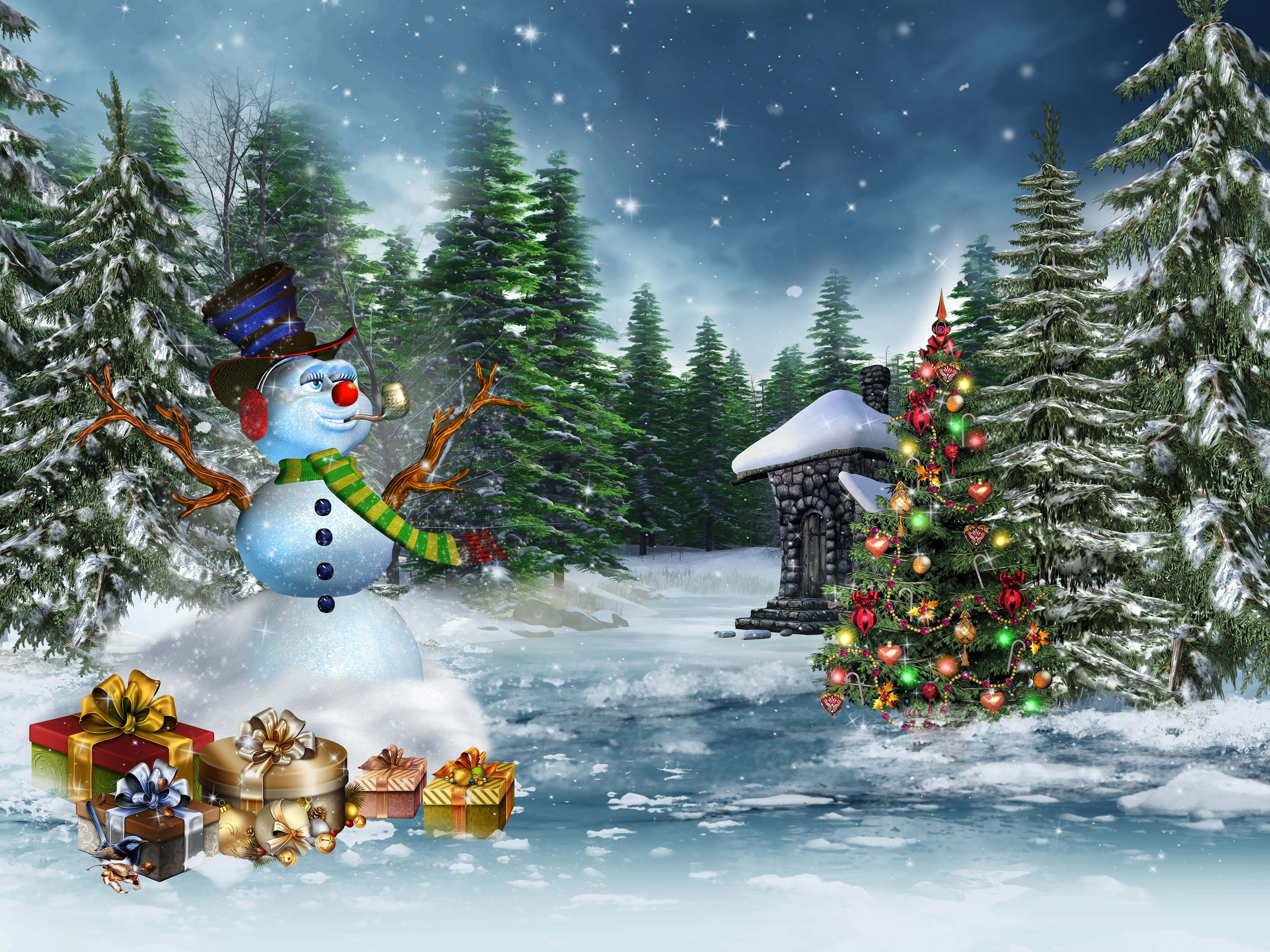 holidays, Christmas,  , New, Year,  , Winter, Christmas, Tree, Snowmen, Fir, Gifts, Snow Wallpaper