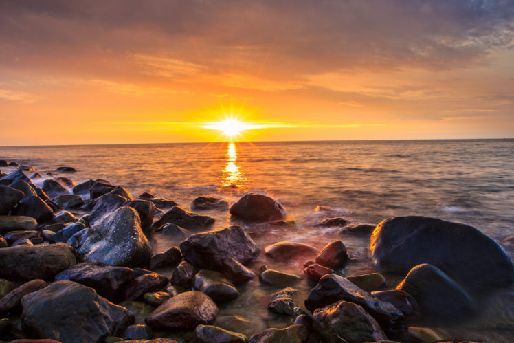 sunrises, And, Sunsets, Stones, Scenery, Sea, Sun, Nature HD Wallpaper Desktop Background