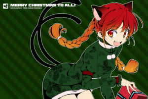 tails, Video, Games, Touhou, Dress, Text, Redheads, Long, Hair, Nekomimi, Christmas, Animal, Ears, Red, Eyes, Yellow, Eyes, Kaenbyou, Rin, Open, Mouth, Braids, Simple, Background, Green, Dress, Hair, Ornaments,