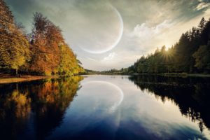 trees, Planets, Moon, Digital, Art, Science, Fiction, Dreamy, Rivers, Reflections