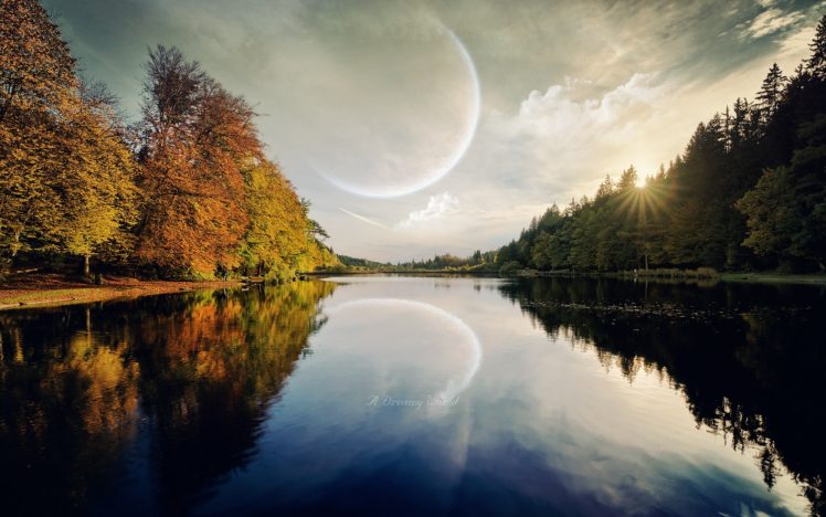 trees, Planets, Moon, Digital, Art, Science, Fiction, Dreamy, Rivers, Reflections HD Wallpaper Desktop Background