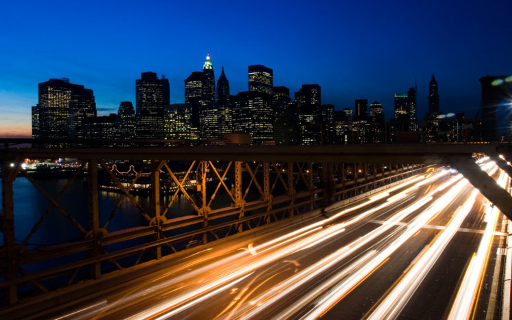 lights, Bridges, Buildings, New, York, City, Manhattan, Skyscrapers, Long, Exposure HD Wallpaper Desktop Background