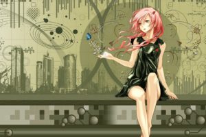 legs, Green, Dress, Flowers, Long, Hair, Buildings, Barefoot, Pink, Hair, Red, Eyes, Skyscrapers, Twintails, Sitting, Black, Dress, Open, Mouth, Redjuice, Anime, Girls, Guilty, Crown, Hair, Ornaments, Collar, Bo