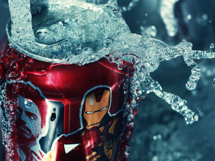 water, Iron, Man, Macro, Soda, Cans, Splashes HD Wallpaper Desktop Background