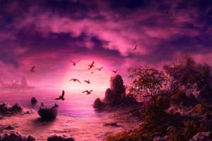 sunset, Birds, Ships, Rocks, Digital, Art, Sea