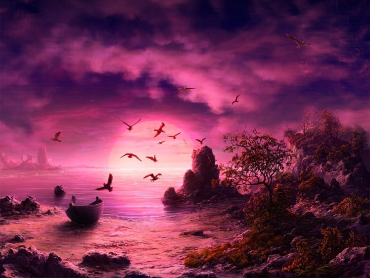 sunset, Birds, Ships, Rocks, Digital, Art, Sea HD Wallpaper Desktop Background