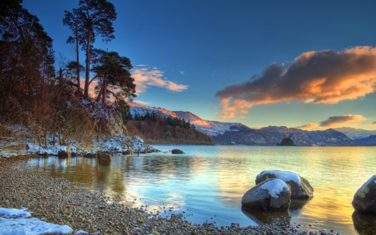 sunset, Over, Winter, Lake HD Wallpaper Desktop Background