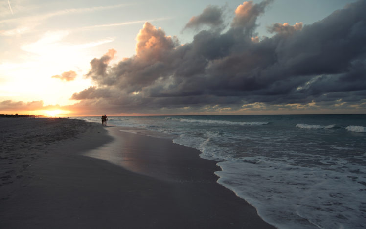 beach, Ocean, Clouds, Couple, Sunset, Mood HD Wallpaper Desktop Background