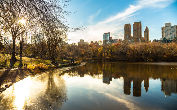 buildings, Lake, Reflection, Trees, Sunlight, New, York, Central, Park, Autumn HD Wallpaper Desktop Background