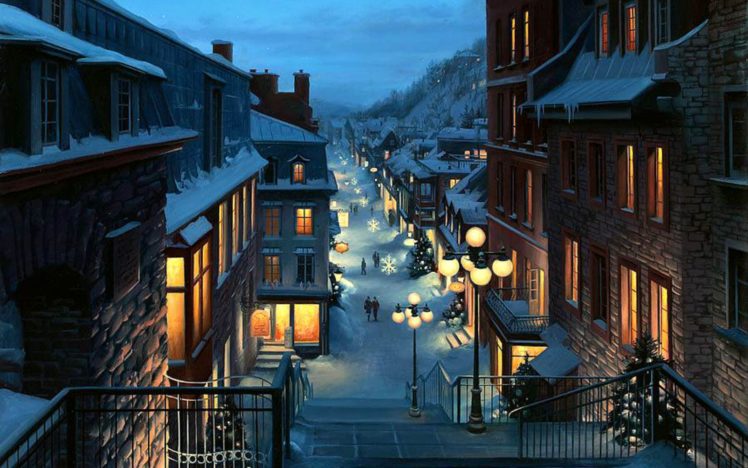 lushpin, Landscape, City, Quebec, Province, Canada, Christmas, Night, Painting HD Wallpaper Desktop Background