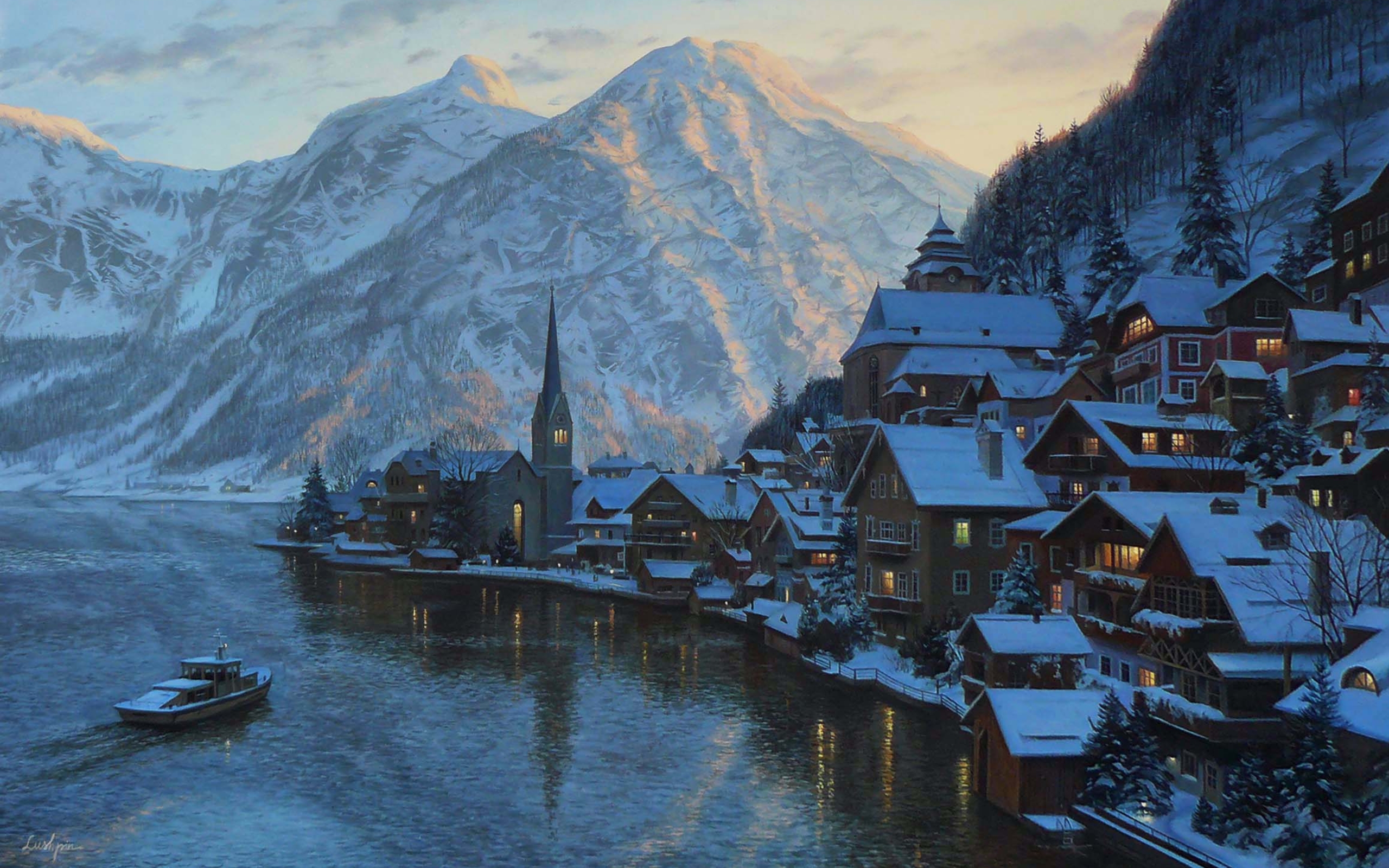 lushpin, Painting, Landscape, Austria, Alps, Mountains, Winter, Snow, House, Chapel, Lake, Boat, Mountain, Sunset, Evening, Salzburg Wallpaper