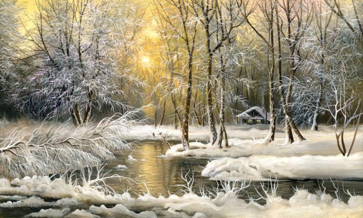 painting, Oil, Winter, Snow, Trees, Cold, House HD Wallpaper Desktop Background