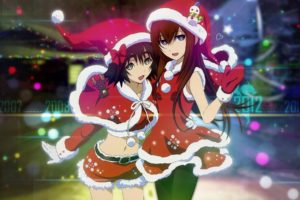 snow, Christmas, Steinsgate, Shiina, Mayuri, Makise, Kurisu, Anime, Girls, Santa, Outfit