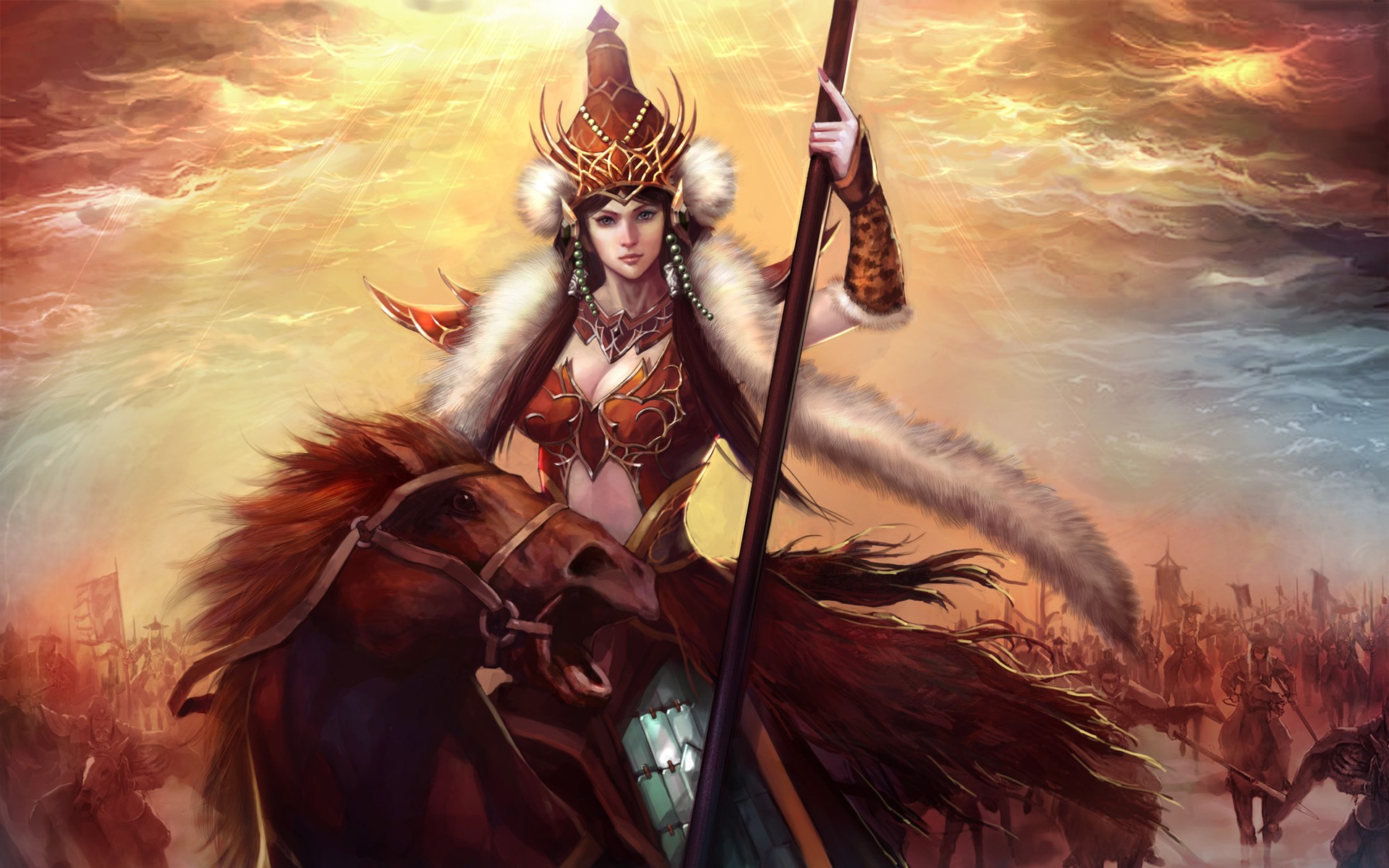women, Fur, Horses, Digital, Art, Crowns, Warriors, Staff, Girls, With, Horses Wallpaper