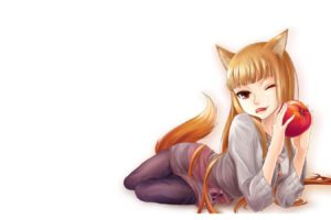 tails, Spice, And, Wolf, Long, Hair, Animal, Ears, Holo, The, Wise, Wolf, Apples, Simple, Background, Anime, Girls