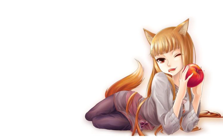 tails, Spice, And, Wolf, Long, Hair, Animal, Ears, Holo, The, Wise, Wolf, Apples, Simple, Background, Anime, Girls HD Wallpaper Desktop Background