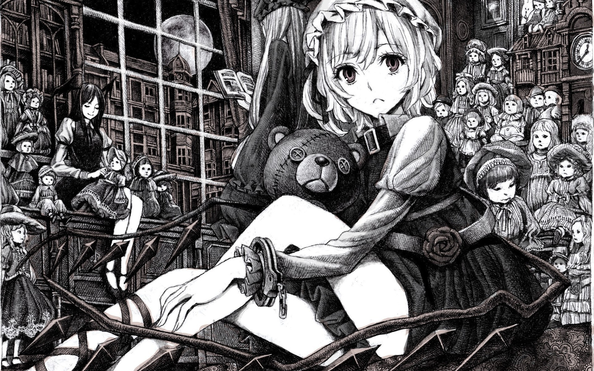 touhou, Toys,  children , Vampires, Monochrome, Flandre, Scarlet, Koakuma, Anime, Girls Wallpaper