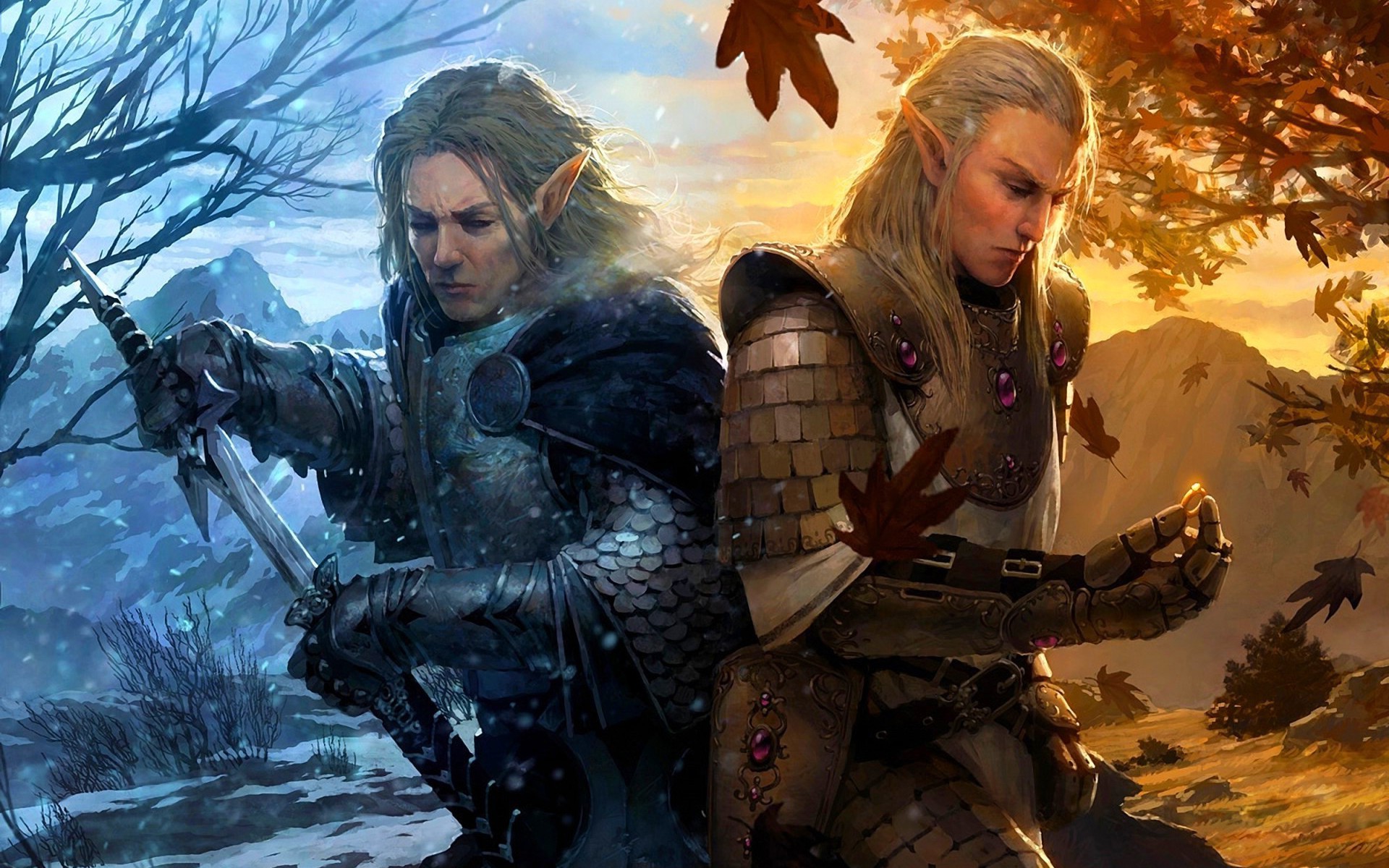 snow, Leaves, Rings, Weapons, Fantasy, Art, Elves, Artwork, Warriors