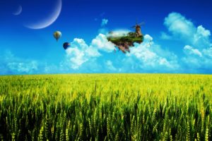 cg, Digital art, Manipulations, Landscapes, Surreal, Fantasy, Balloons, Moons, Wheat, Clouds