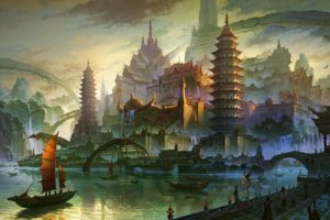 fantasy, Cities, Asian, Oriental, Architecture, Cg, Paintings, Digital art