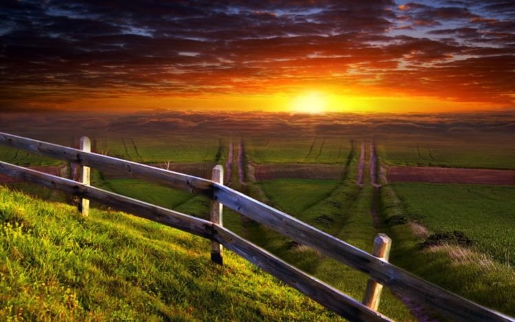 sunset, Landscapes, Nature, Fences, Grass, Fields, Artwork HD Wallpaper Desktop Background