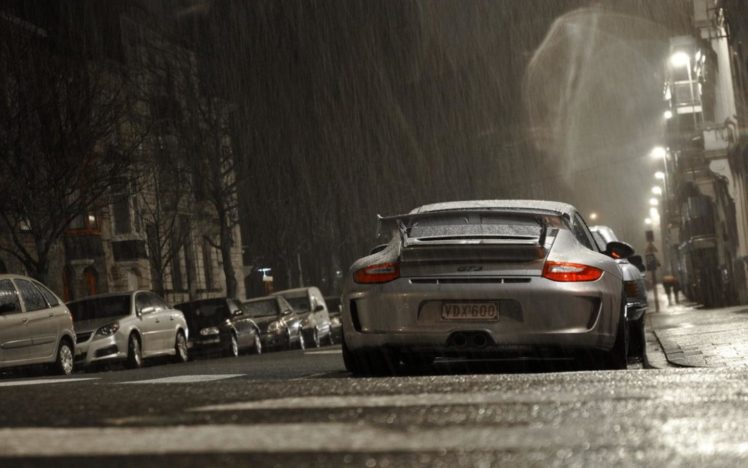 streets, Night, Rain, Cars, Silver, Belgium, Porsche, 911, Gt3 HD Wallpaper Desktop Background