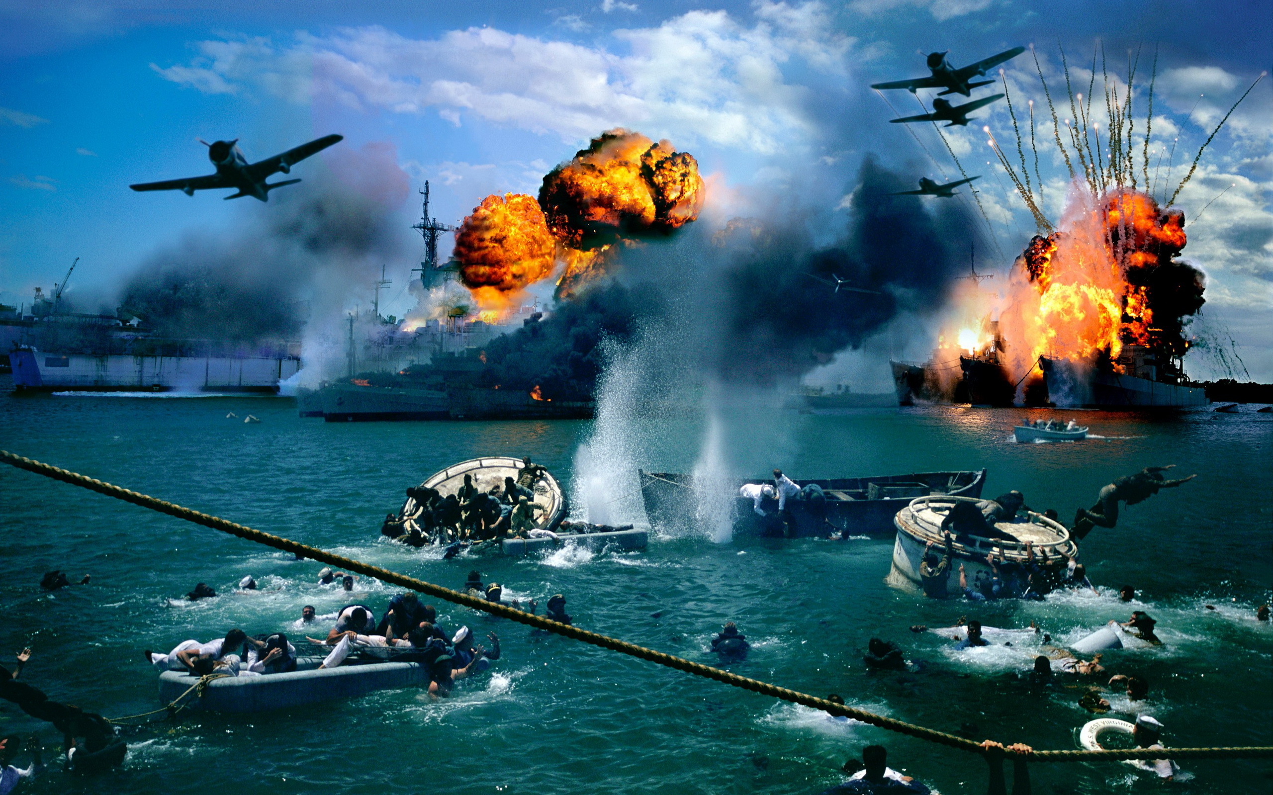 pearl harbor, Attack, Battles, Wars, Ww2, Wwll, Vehicles, Watercrafts, Ships, Boats, Oceansfire, Flames, Explosions, Airplanes, Aircrafts, Military, Cg, Digital art, Manipulations Wallpaper