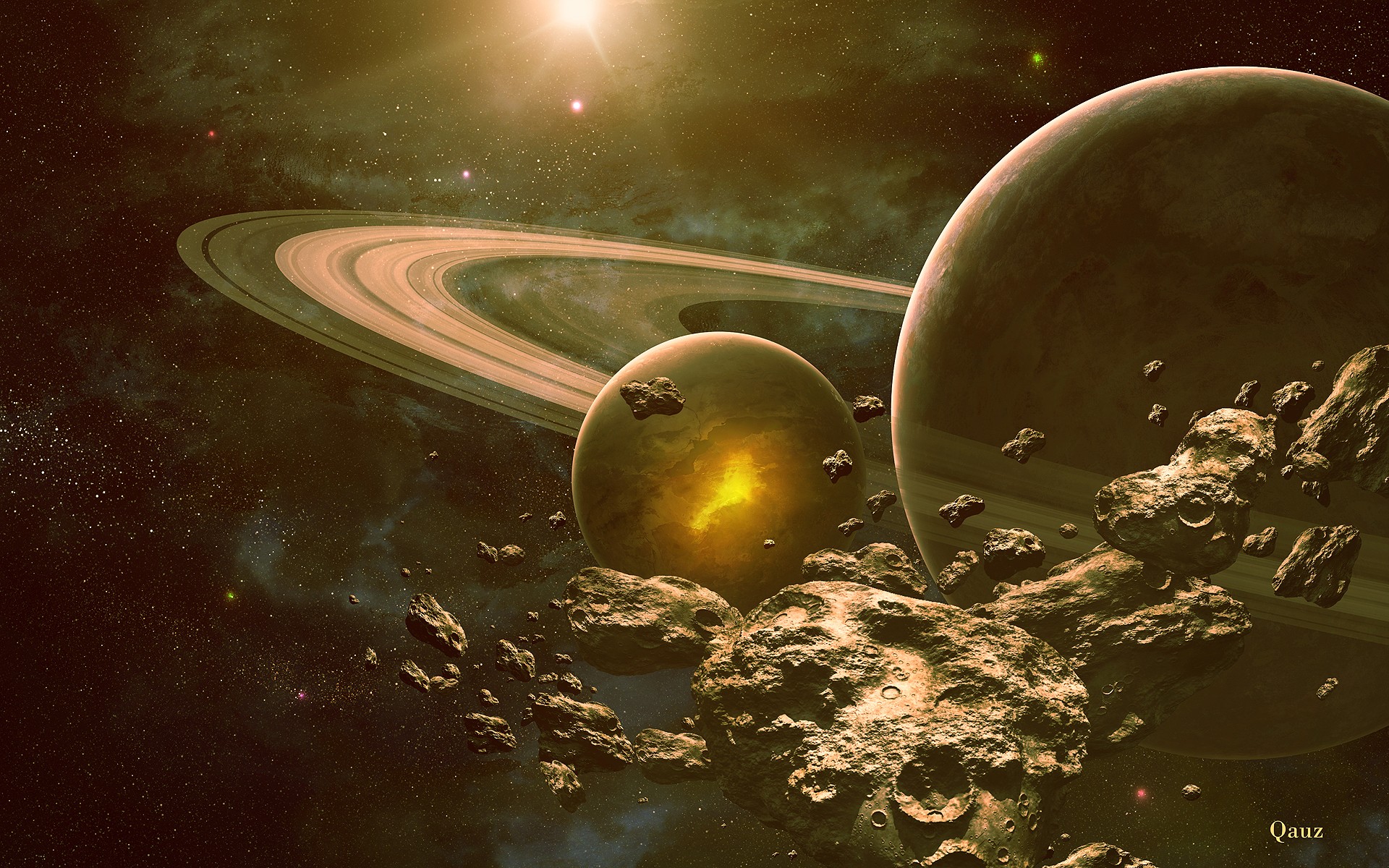 outer, Space, Planets, Rings, Digital, Art, Science, Fiction, Asteroids, Qauz Wallpaper