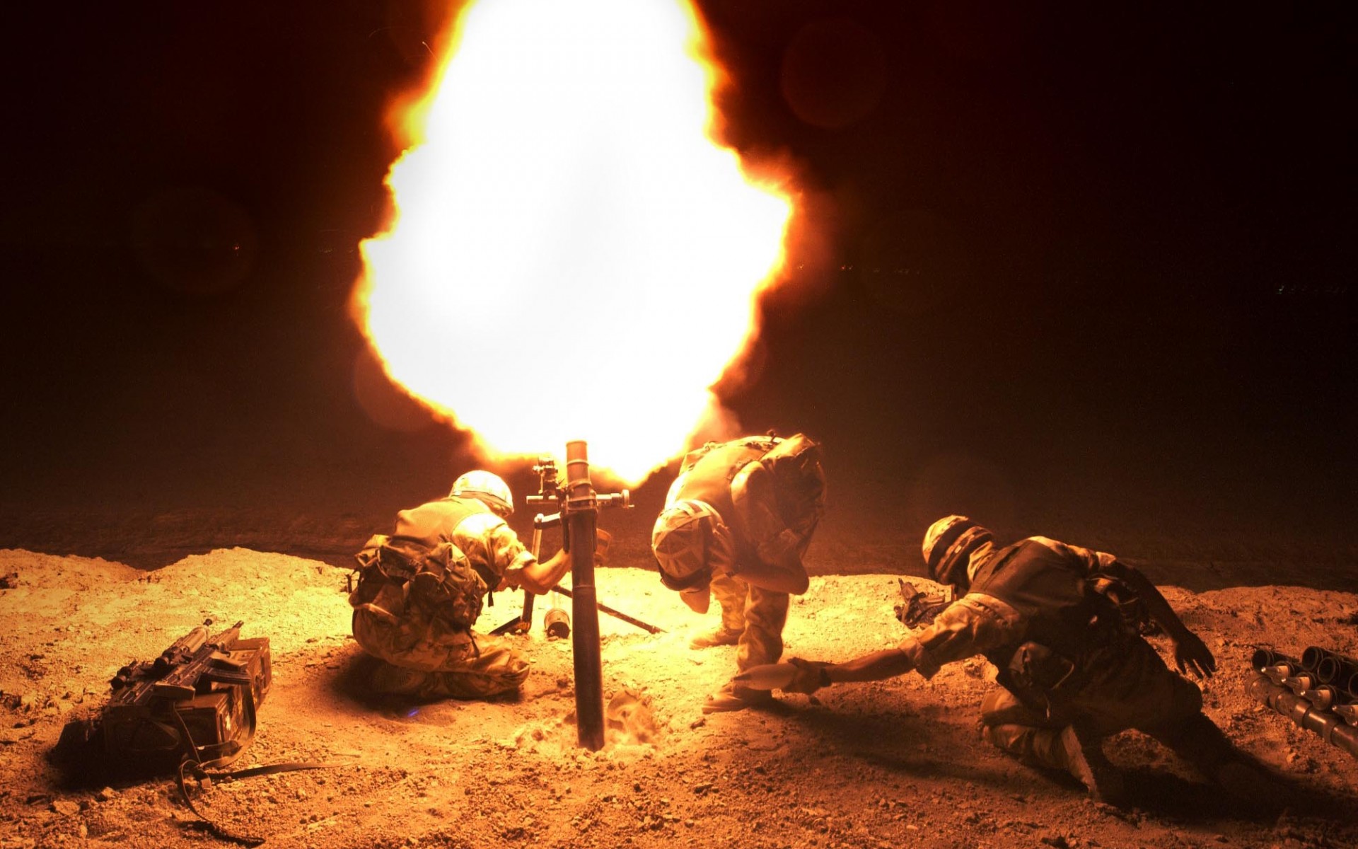 military, Soldiers, Weapons, Explosions, Fire, Flames, Night, Bright, People Wallpaper