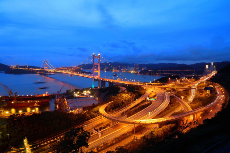 hong, Kong, Tsing, Ma, Bridge, City, Road, Bridge, Night HD Wallpaper Desktop Background