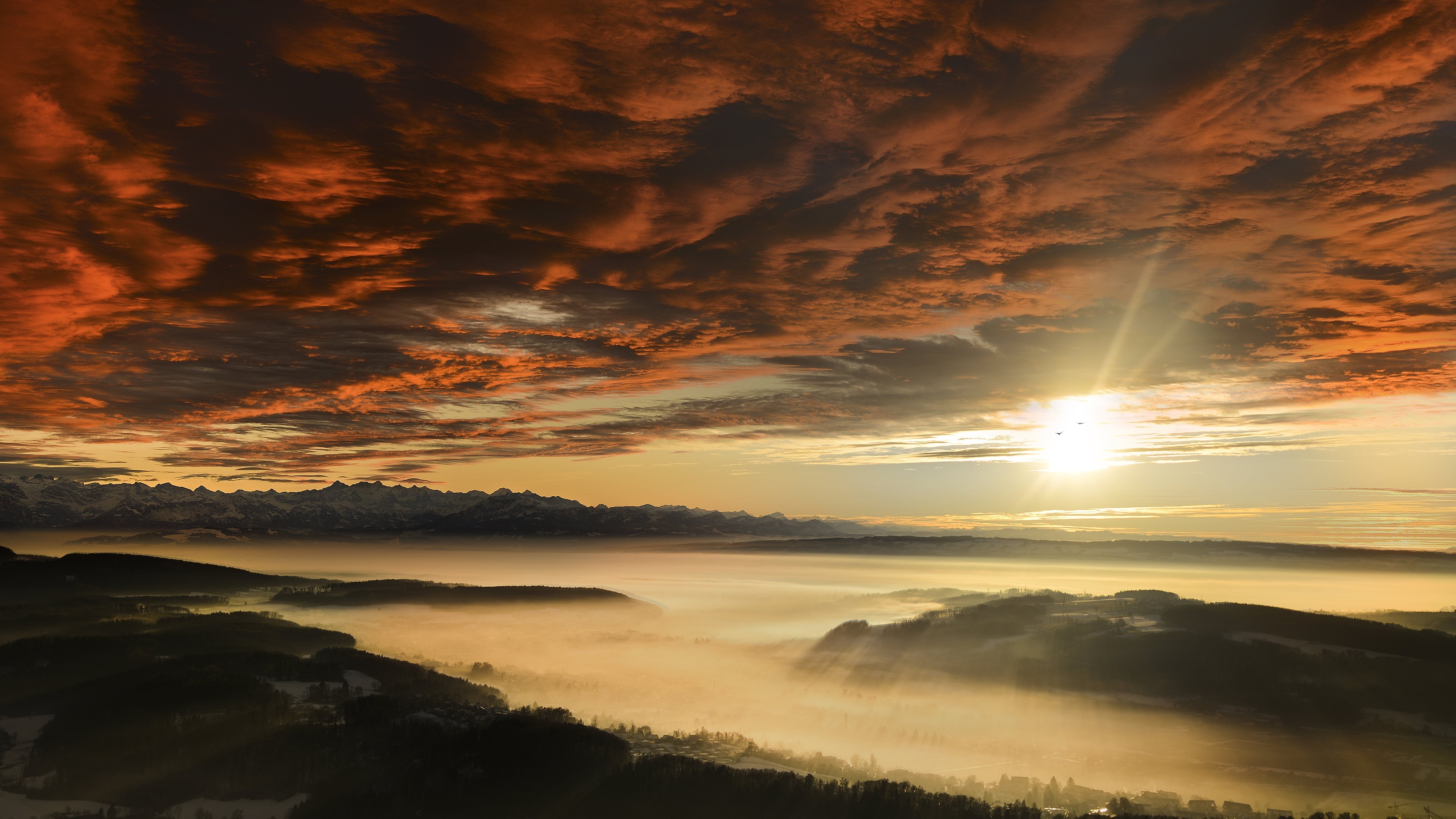 sunset, Sunrise, Clouds, Fog, Mountains, Sun Wallpaper