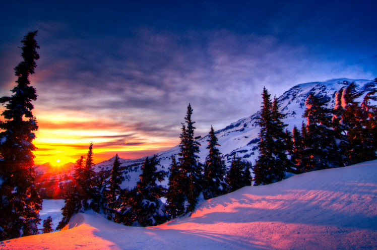 sunset, Winter, Trees, Mountains, Landscape HD Wallpaper Desktop Background