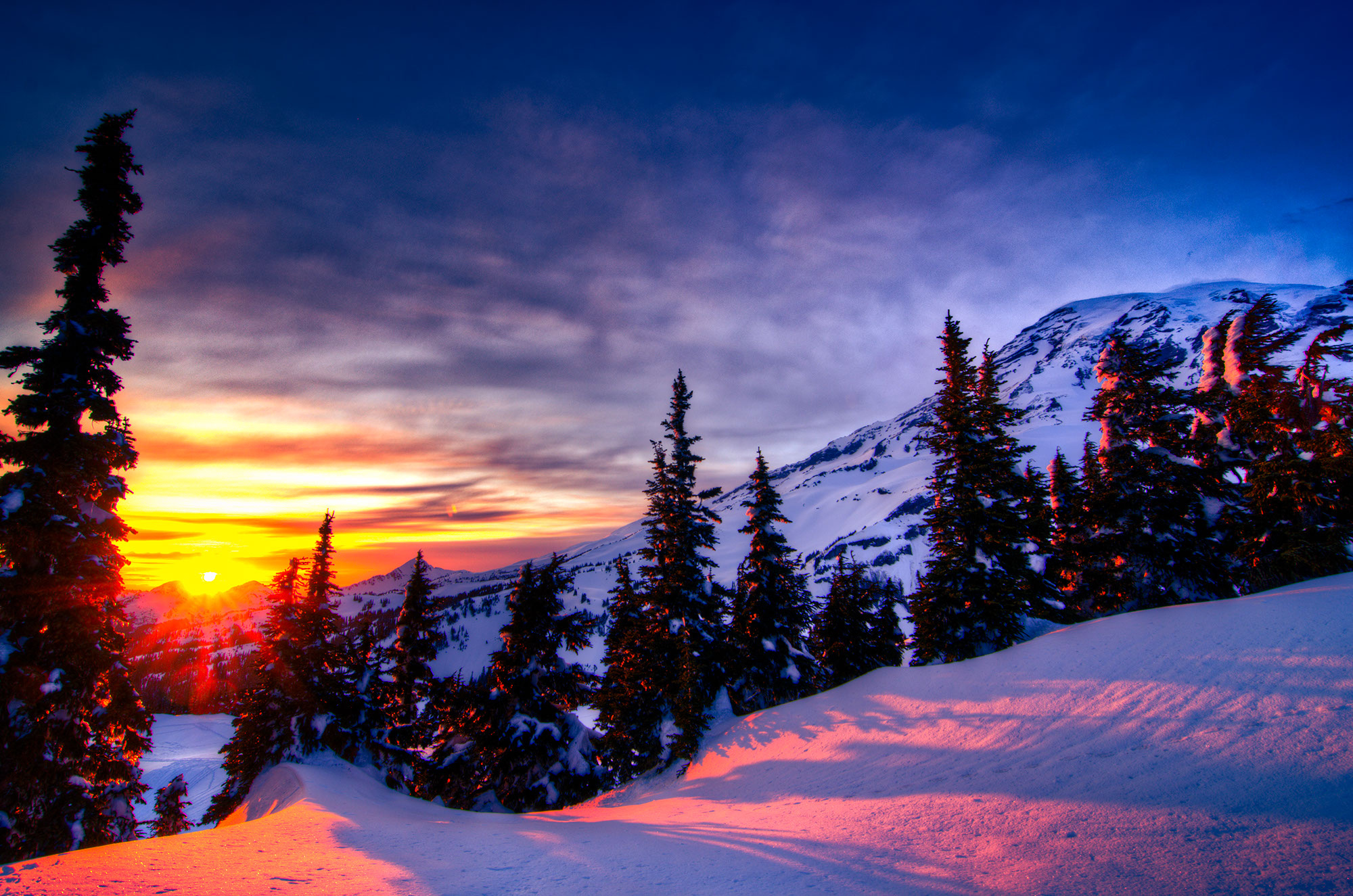 sunset, Winter, Trees, Mountains, Landscape Wallpaper