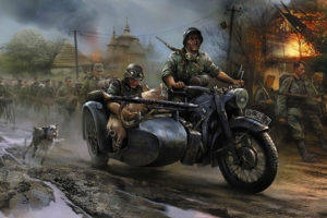 german, Vehicles, Motorbikes, Motorcycles, Military, Wars, Artistic, Paintings, Soldiers, People, Fire, Flames, Destruction