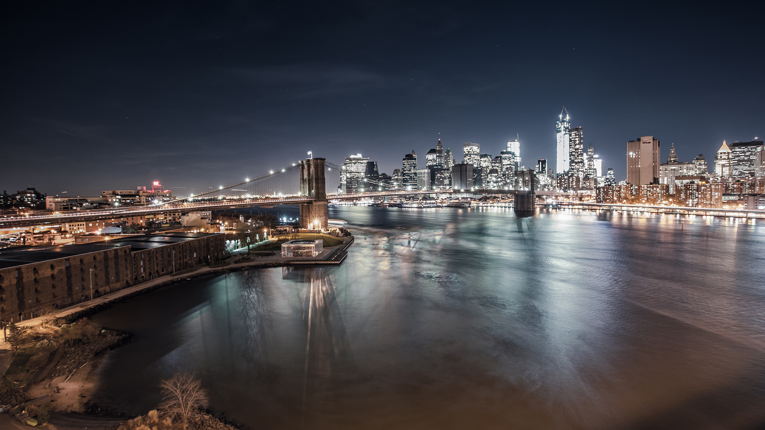 brooklyn, Bridge, Bridge, New, York, Buildings, Skyscrapers, Lights, River, Night Wallpaper