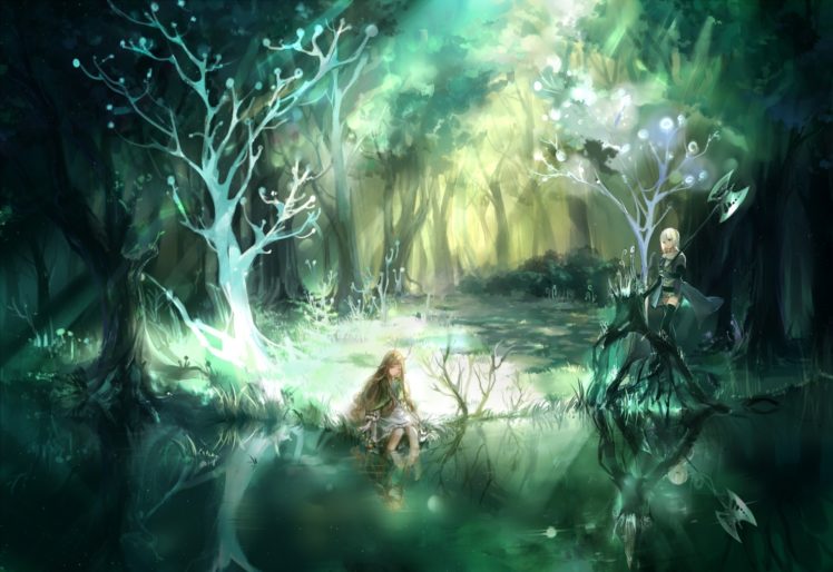 h2so4kancel, Pixiv fantasia, Pixiv, Fantasia, Anime, Landscapes, Trees, Forests, Lakes, Soft, Women, Females, Girls, Magical, Artistic, Anime HD Wallpaper Desktop Background