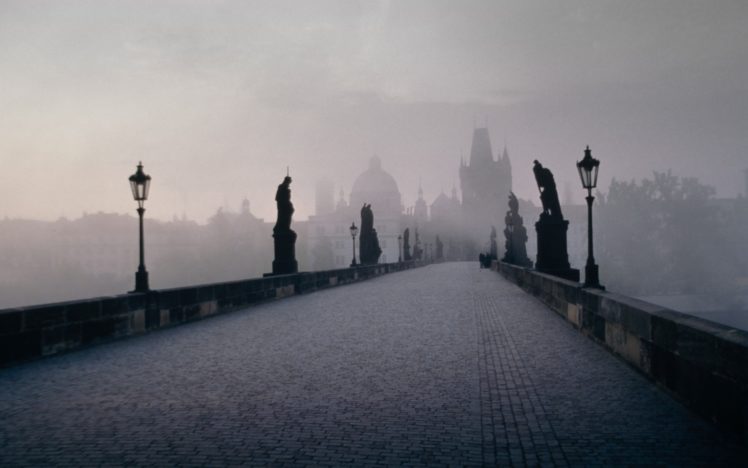 castles, Autumn, Cityscapes, Fog, Mist, Bridges, Lamps, Prague, Czech, Republic, Statues, Street, Lights, Evening, Cities, Charles, Bridge HD Wallpaper Desktop Background