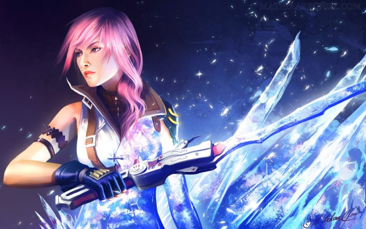 final, Fantasy, Video, Games, Blue, Gloves, Blue, Eyes, Lips, Long, Hair, Weapons, Pink, Hair, Final, Fantasy, Xiii, Crystals, Artwork, Claire, Farron, Signatures, Swords HD Wallpaper Desktop Background