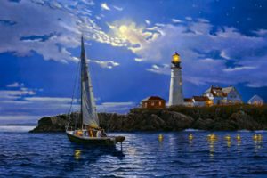 dave barnhouse, Barnhouse, Serenity, Prints, Paintings, Love, Romance, Lighthouses, Buildings, Architecture, Night, Evening, Dusk, Skies, Clouds, Seascapes, Landscapes, Vehicles, Boats, Nature, Moons