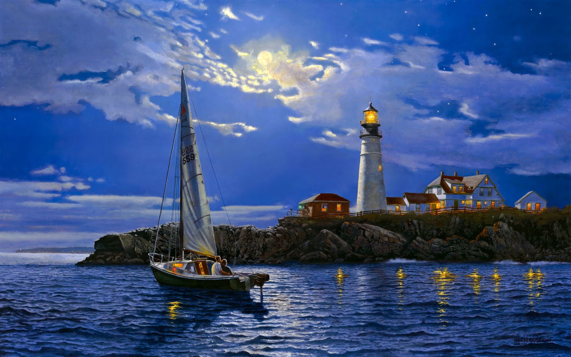 dave barnhouse, Barnhouse, Serenity, Prints, Paintings, Love, Romance, Lighthouses, Buildings, Architecture, Night, Evening, Dusk, Skies, Clouds, Seascapes, Landscapes, Vehicles, Boats, Nature, Moons Wallpaper