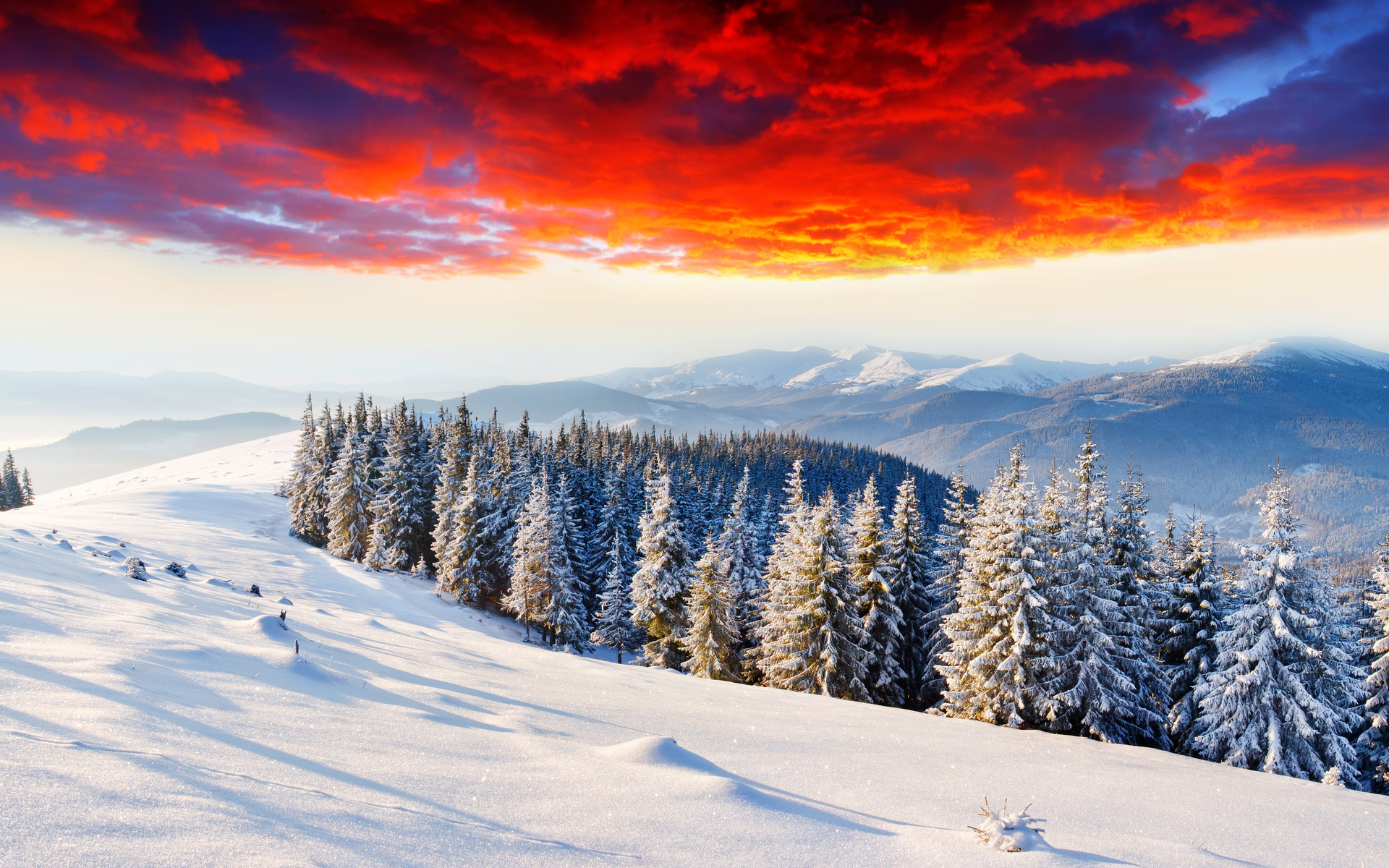 landscapes, Nature, Winter, Seasons, Snow, Trees, Forests, Mountains, Sunsets, Sunrises, Skies, Clouds, Colors Wallpaper