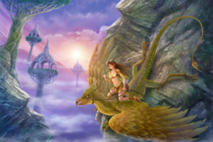 fantasy, Pheonix, Dragons, Magical, Landscapes, Dreamy, Sunsets, Cities, Clouds, Skies, Paintings, Cg, Digital art, Art, Women, Females, Girls, Sexy, Sensual, Babes, Flying, Warriors, Gods