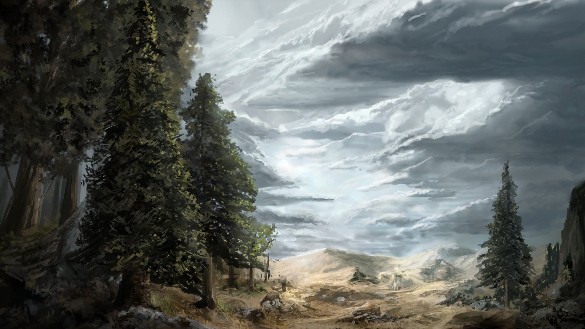 artistic, Paintings, Cg, Digital art, Landscapes, Nature, Trees, Forests, Scenic, Slies, Clouds Wallpaper
