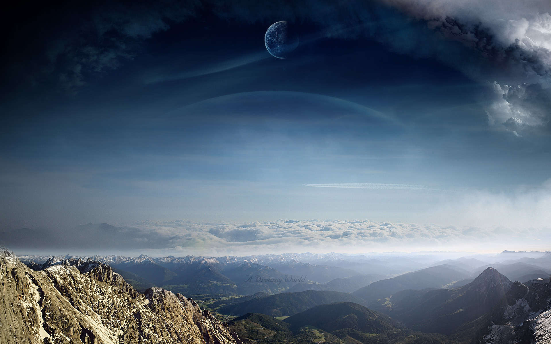 manipulations, Sci fi, Cg, Digital art, Landscapes, Mountains, Skies, Clouds, Dreamy, Planets, Moons, Scenic, Alien landscapes Wallpaper