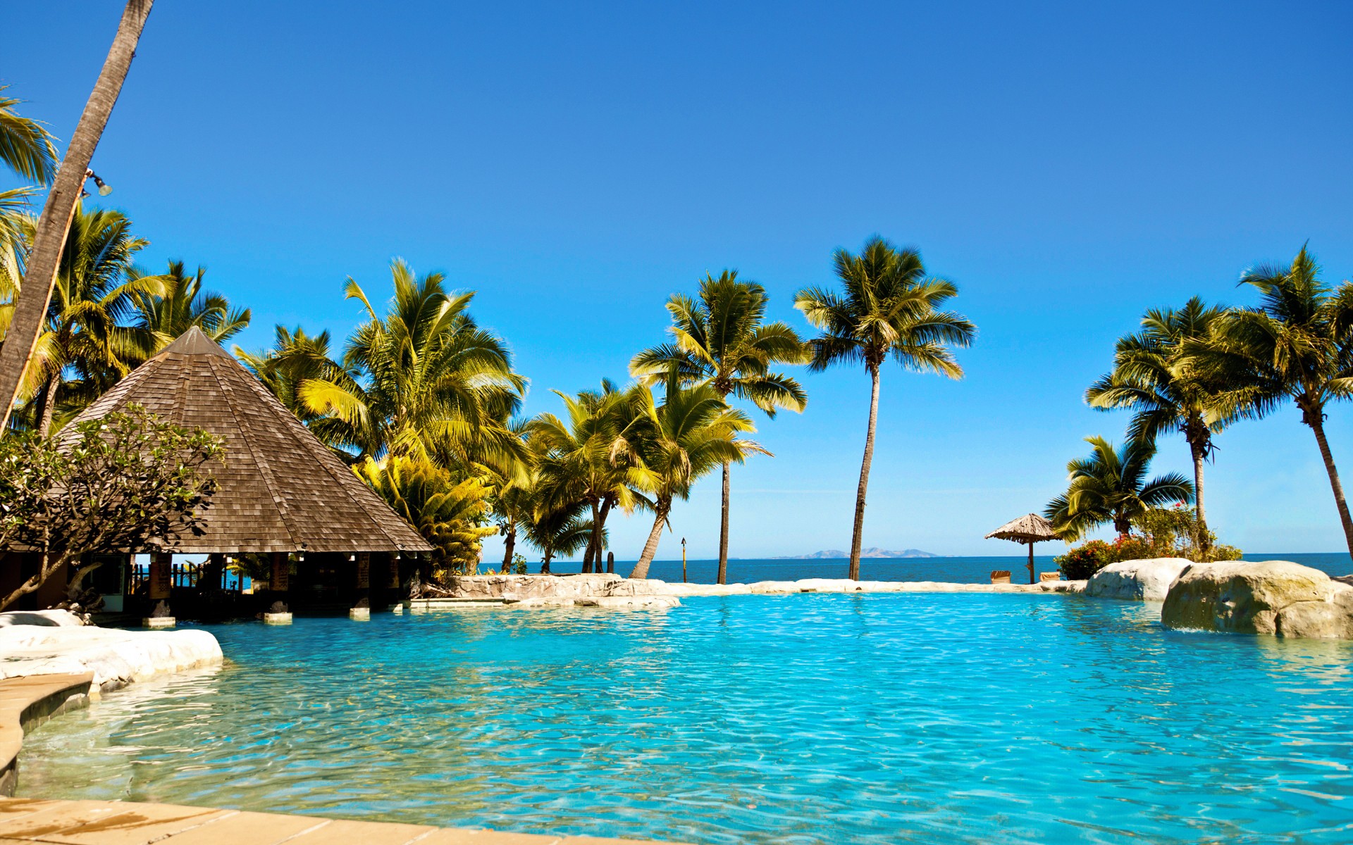 water, Ocean, Sun, Summer, Tropical, Fiji, Palm, Trees, Huts, Swimming, Pools, Hotels, Fiji, Islands, Resort, Relaxation, Sea, Beaches Wallpaper