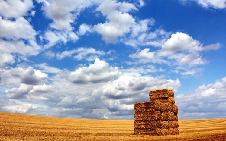 clouds, Landscapes, Nature, Fields, Hay, Straws, Blue, Skies HD Wallpaper Desktop Background