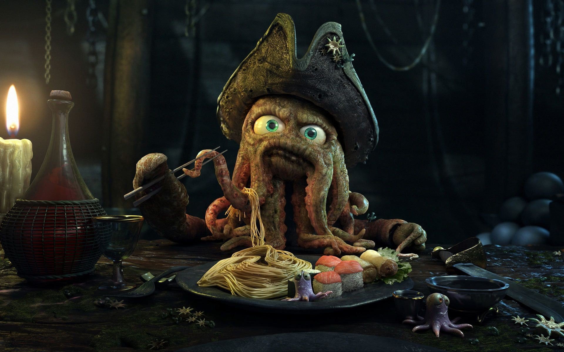 funny, Octopuses, Digital, Art, Dinner, Davy, Jones Wallpaper