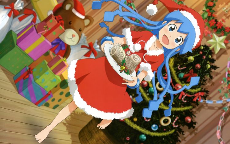 blue, Eyes, Blue, Hair, Christmas, Shinryaku , Ika, Musume, Ika, Musume, Open, Mouth, Anime, Christmas, Outfits, Anime, Girls HD Wallpaper Desktop Background