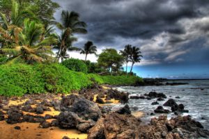 ocean, Clouds, Trees, Rocks, Hawaii, Beaches