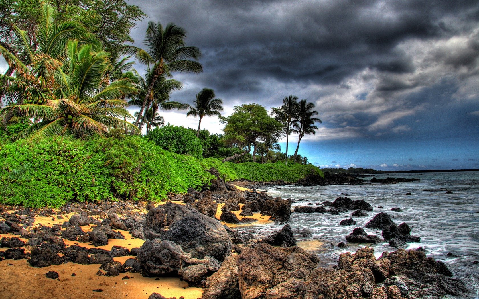 ocean, Clouds, Trees, Rocks, Hawaii, Beaches Wallpaper